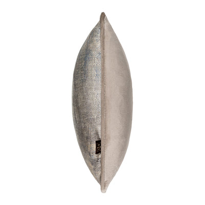 Side image of silver/mink velvet cushion in 43cm size. Made from Jacquard fabric by Scatter Box